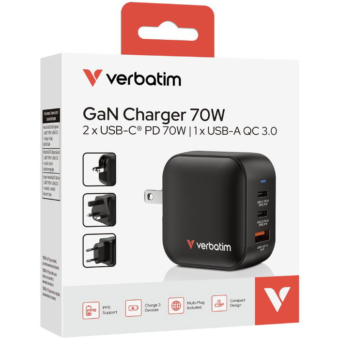 Verbatim Mini GaN Charger 70W 2xUSB-C, 1xUSB-A Verbatim Mini GaN Charger 70W 2xUSB-C, 1xUSB-A